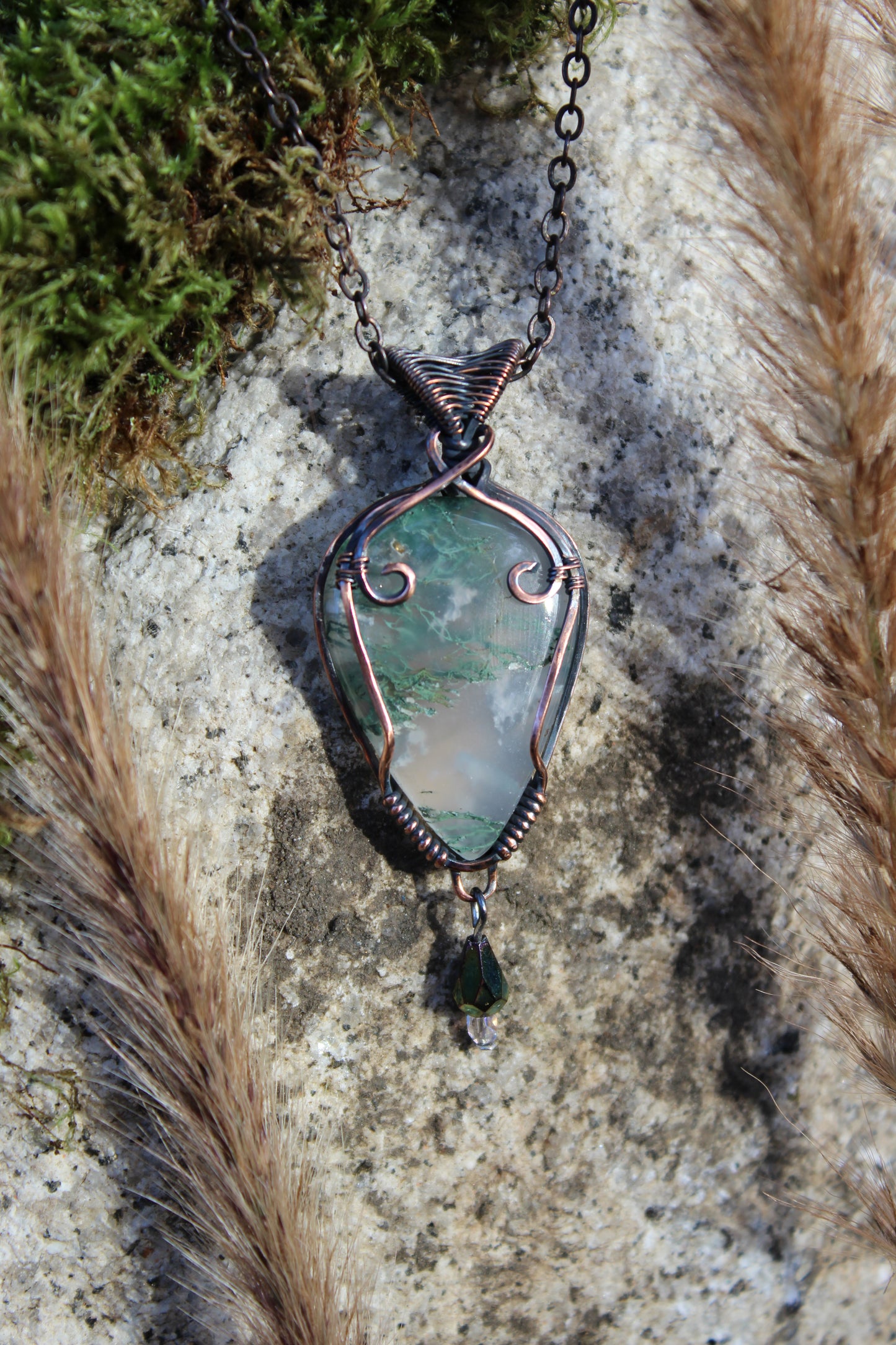 Deep Green Fairy Moss Agate Pendant Necklace