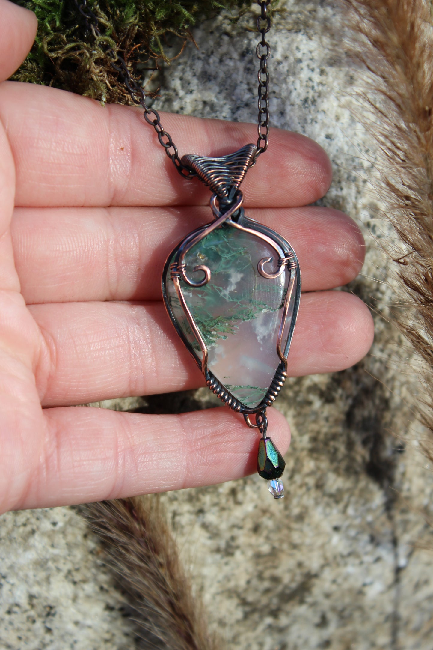 Deep Green Fairy Moss Agate Pendant Necklace