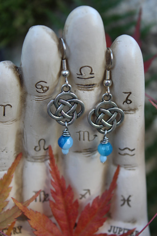 Blue Agate Button Knot Earrings